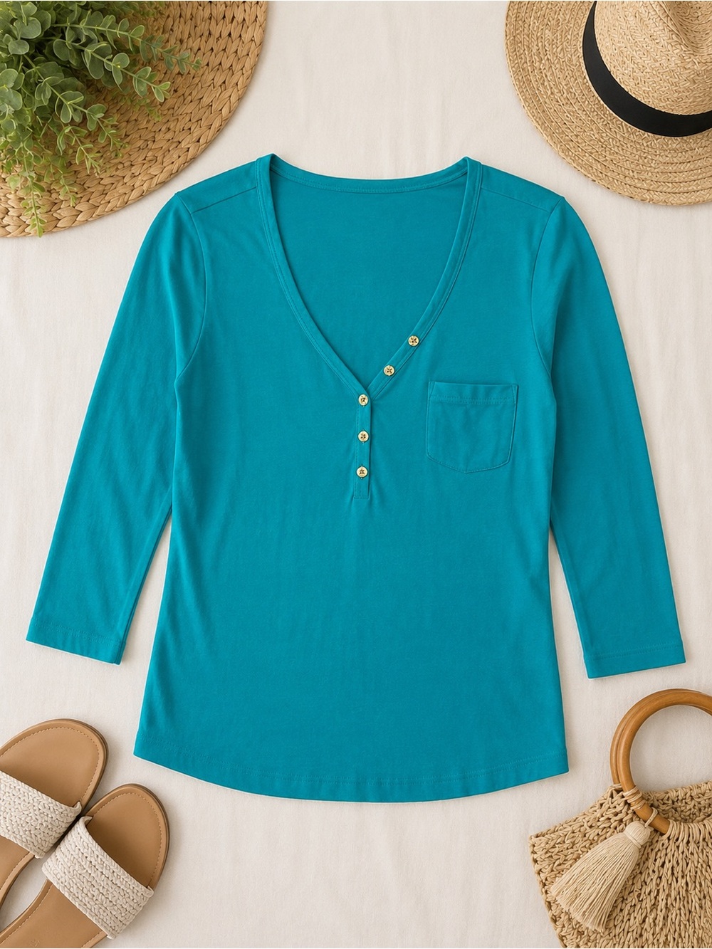 🩵Lilly Pulitzer Teal Pima Cotton Henley Top Medium 3/4 Sleeve Pocket Palm Logo